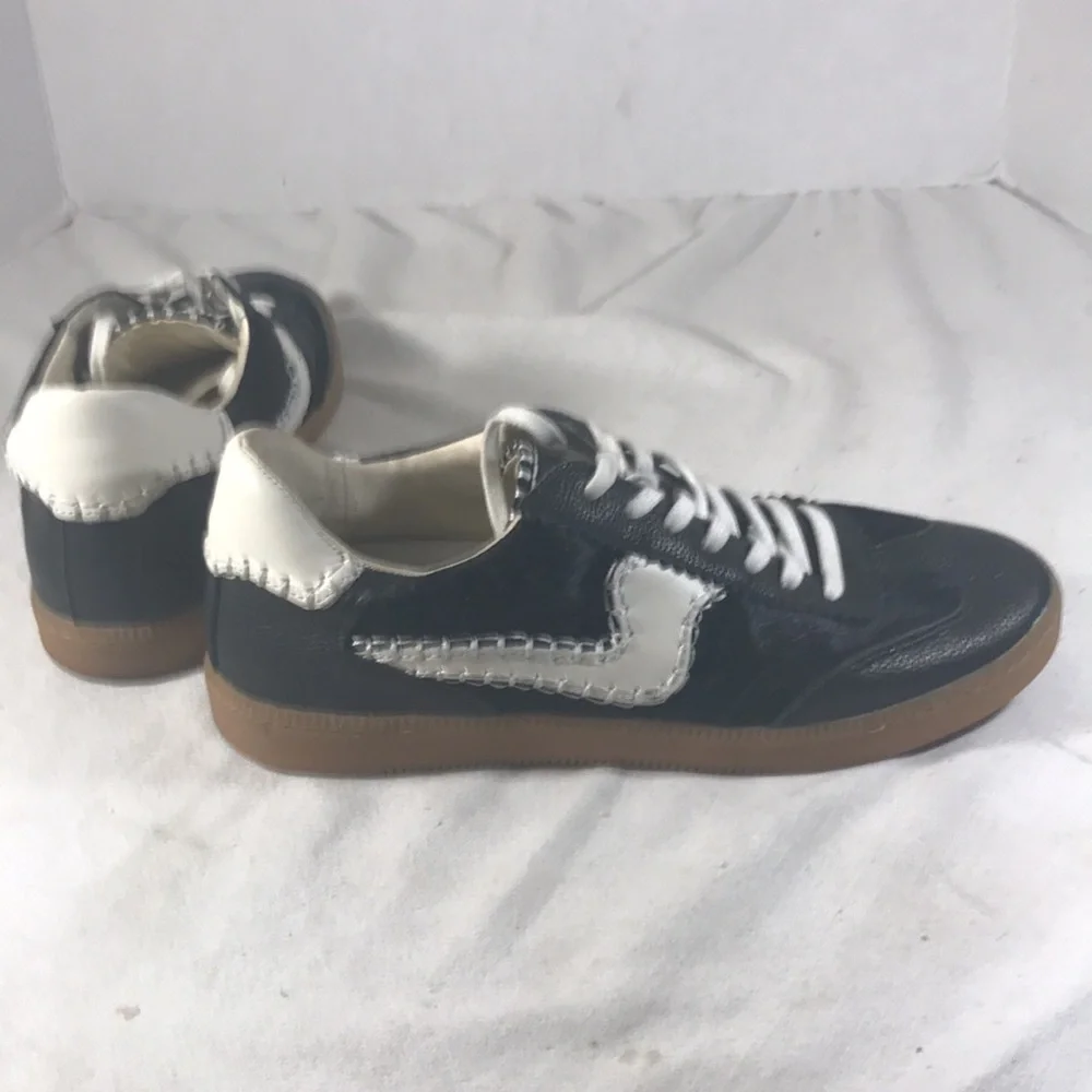 Dolce Vita Women Notice Black Leather & Fur Sneakers with White Stitched Accents